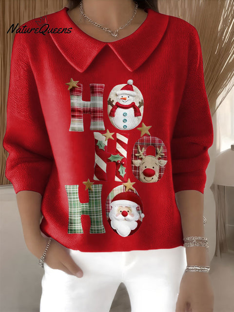 Women's Ho Ho HO Christmas Santa Claus Print Casual Peter Pan Collar 3/4 Sleeve Sweater