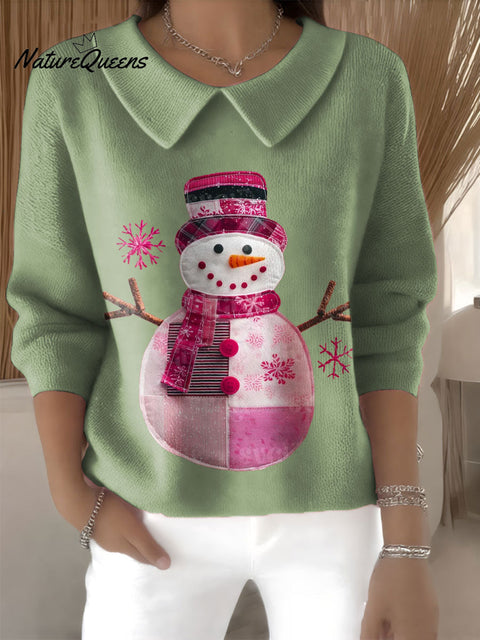 Women's Snowman Christmas Print Casual Peter Pan Collar 3/4 Sleeve Sweater