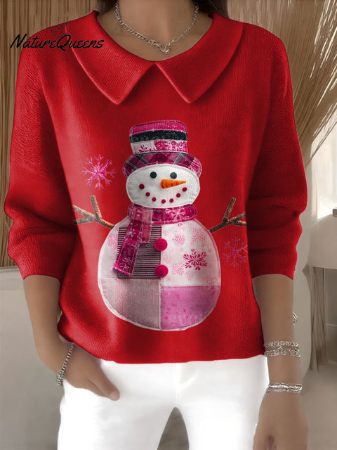 Women's Snowman Christmas Print Casual Peter Pan Collar 3/4 Sleeve Sweater