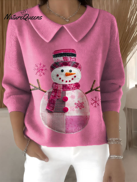 Women's Snowman Christmas Print Casual Peter Pan Collar 3/4 Sleeve Sweater