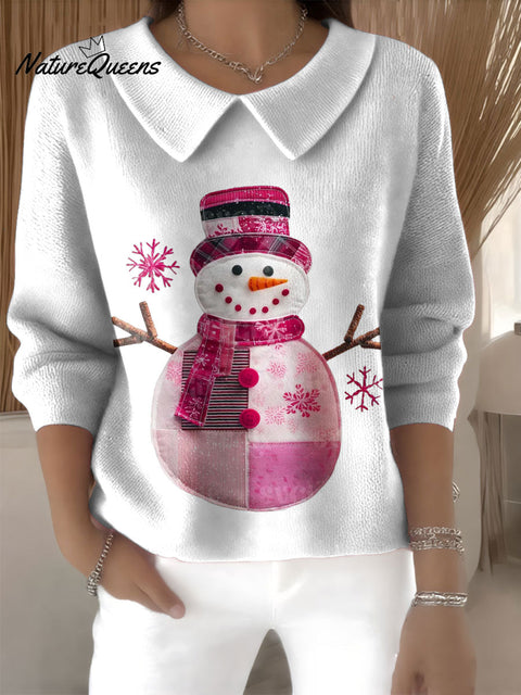 Women's Snowman Christmas Print Casual Peter Pan Collar 3/4 Sleeve Sweater