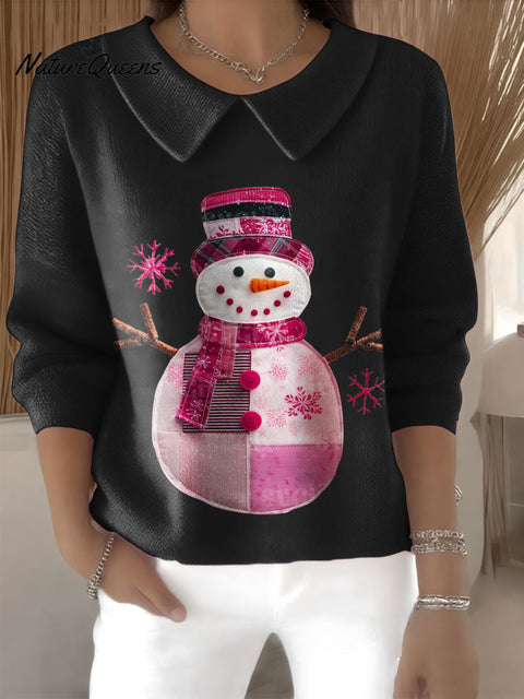 Women's Snowman Christmas Print Casual Peter Pan Collar 3/4 Sleeve Sweater