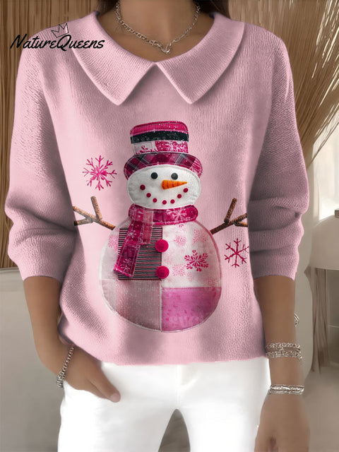 Women's Snowman Christmas Print Casual Peter Pan Collar 3/4 Sleeve Sweater