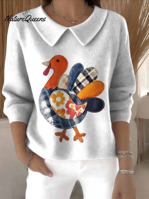 Women's Patchwork Turkey Retro Thanksgiving Turkey Seas Print Casual Peter Pan Collar 3/4 Sleeve Sweater
