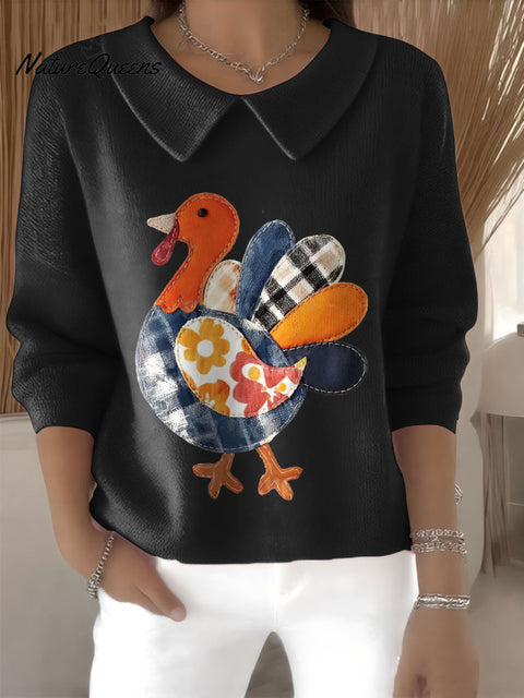 Women's Patchwork Turkey Retro Thanksgiving Turkey Seas Print Casual Peter Pan Collar 3/4 Sleeve Sweater