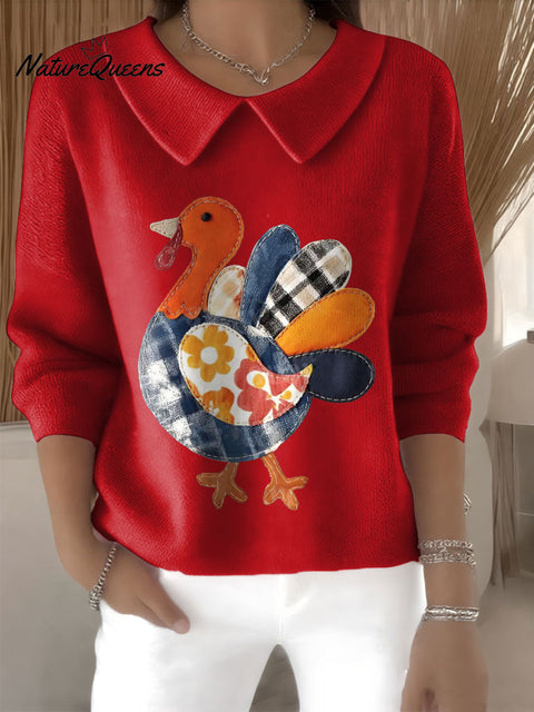 Women's Patchwork Turkey Retro Thanksgiving Turkey Seas Print Casual Peter Pan Collar 3/4 Sleeve Sweater