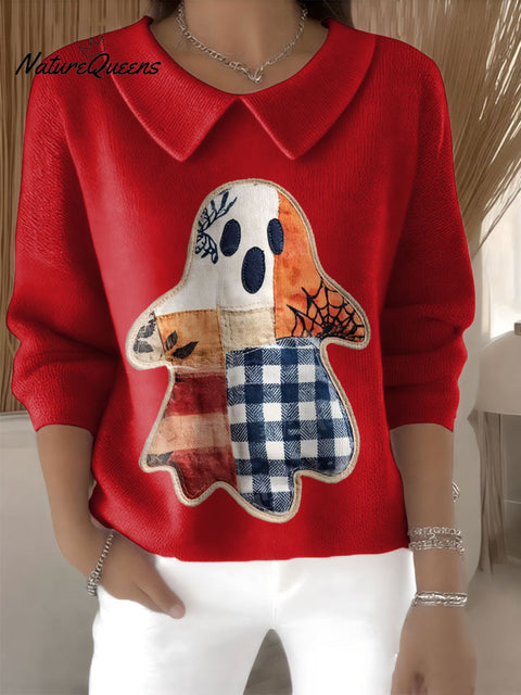 Women's Patchwork Ghost Halloween Fall Print Casual Peter Pan Collar 3/4 Sleeve Sweater
