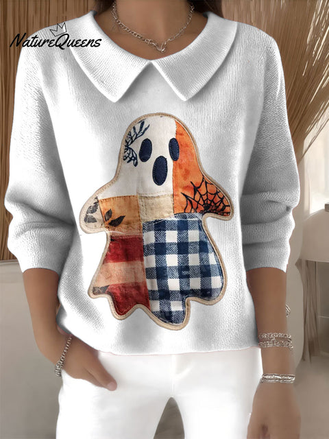 Women's Patchwork Ghost Halloween Fall Print Casual Peter Pan Collar 3/4 Sleeve Sweater