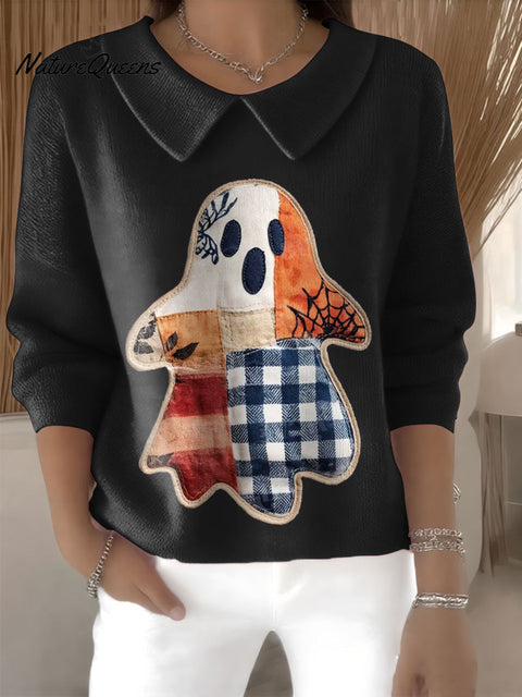 Women's Patchwork Ghost Halloween Fall Print Casual Peter Pan Collar 3/4 Sleeve Sweater