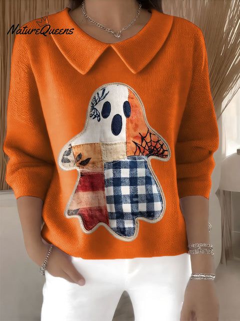 Women's Patchwork Ghost Halloween Fall Print Casual Peter Pan Collar 3/4 Sleeve Sweater