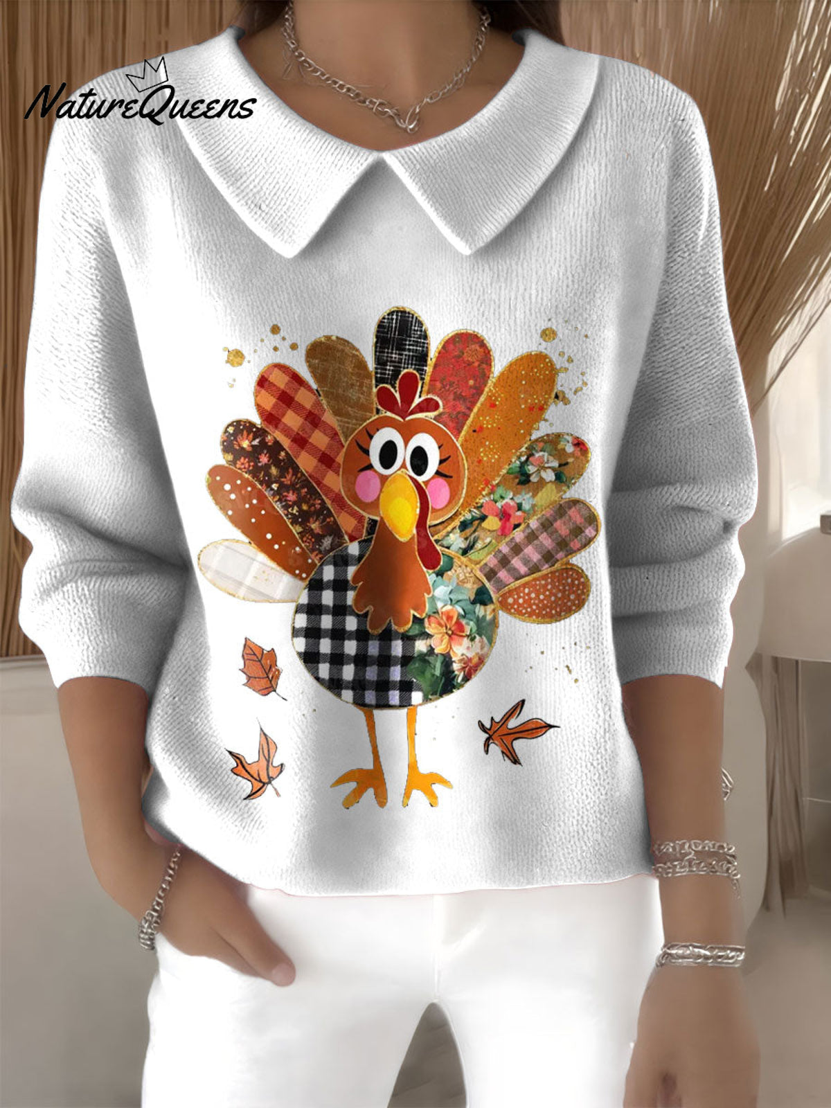 Women's Patchwork Turkey Glitter Retro Thanksgiving Print Casual Peter Pan Collar 3/4 Sleeve Sweater