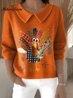 Women's Patchwork Turkey Glitter Retro Thanksgiving Print Casual Peter Pan Collar 3/4 Sleeve Sweater