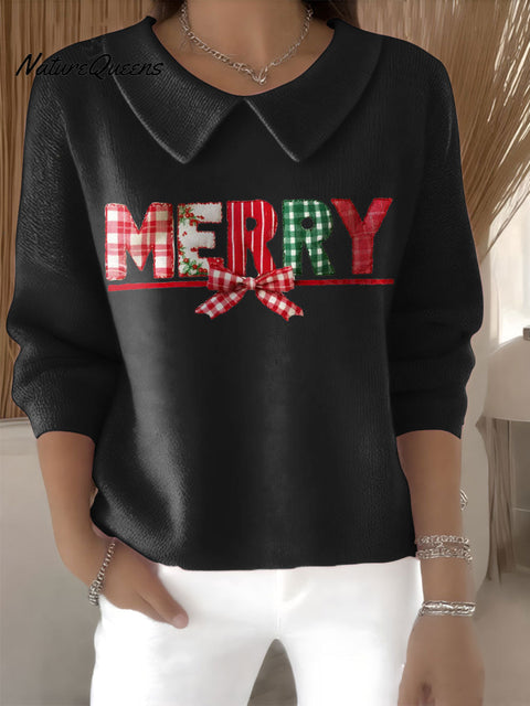 Women's Merry Christmas Print Casual Peter Pan Collar 3/4 Sleeve Sweater