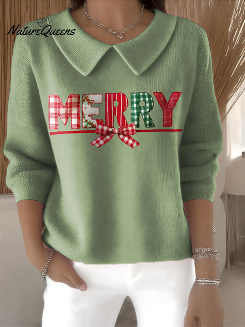 Women's Merry Christmas Print Casual Peter Pan Collar 3/4 Sleeve Sweater