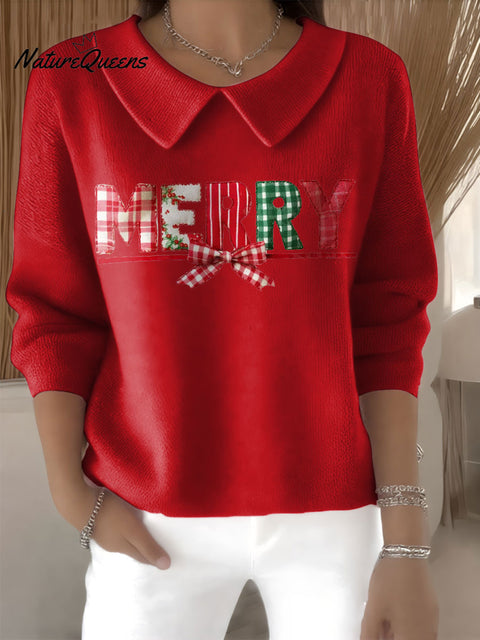 Women's Merry Christmas Print Casual Peter Pan Collar 3/4 Sleeve Sweater