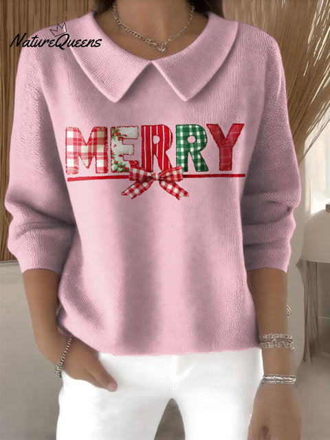 Women's Merry Christmas Print Casual Peter Pan Collar 3/4 Sleeve Sweater
