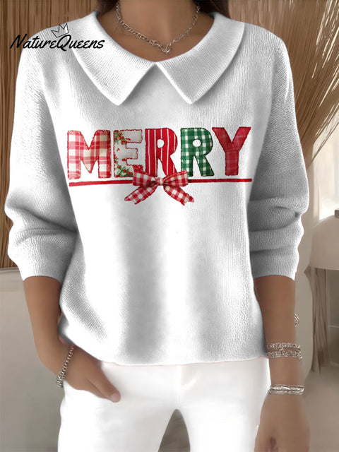 Women's Merry Christmas Print Casual Peter Pan Collar 3/4 Sleeve Sweater