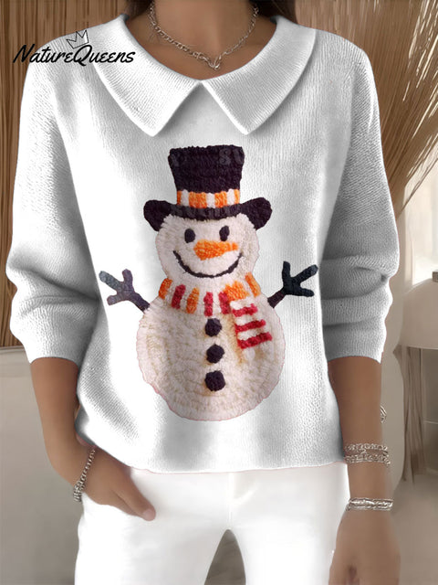 Women's Faux Yarn Snowman Christmas Patch Print Casual Peter Pan Collar 3/4 Sleeve Sweater