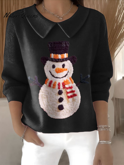 Women's Faux Yarn Snowman Christmas Patch Print Casual Peter Pan Collar 3/4 Sleeve Sweater