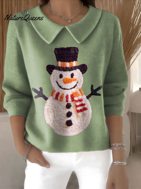 Women's Faux Yarn Snowman Christmas Patch Print Casual Peter Pan Collar 3/4 Sleeve Sweater