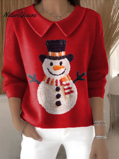 Women's Faux Yarn Snowman Christmas Patch Print Casual Peter Pan Collar 3/4 Sleeve Sweater