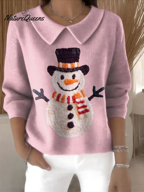 Women's Faux Yarn Snowman Christmas Patch Print Casual Peter Pan Collar 3/4 Sleeve Sweater
