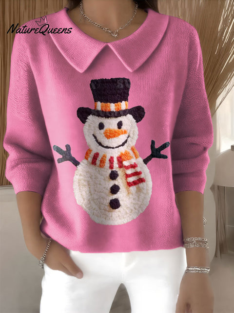 Women's Faux Yarn Snowman Christmas Patch Print Casual Peter Pan Collar 3/4 Sleeve Sweater
