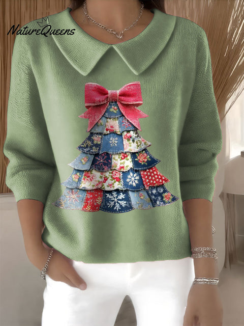 Women's Patchwork Christmas Tree Print Casual Peter Pan Collar 3/4 Sleeve Sweater