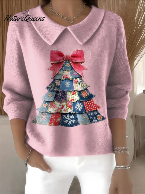 Women's Patchwork Christmas Tree Print Casual Peter Pan Collar 3/4 Sleeve Sweater