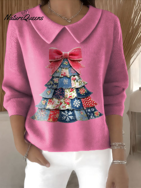 Women's Patchwork Christmas Tree Print Casual Peter Pan Collar 3/4 Sleeve Sweater