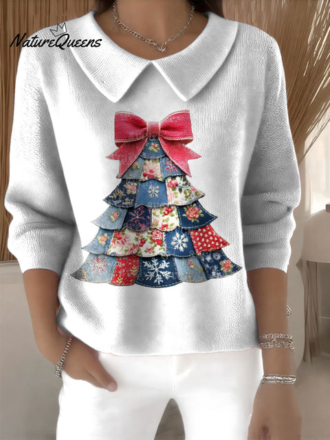 Women's Patchwork Christmas Tree Print Casual Peter Pan Collar 3/4 Sleeve Sweater