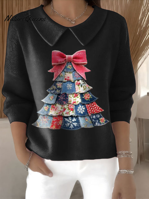 Women's Patchwork Christmas Tree Print Casual Peter Pan Collar 3/4 Sleeve Sweater