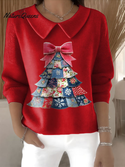 Women's Patchwork Christmas Tree Print Casual Peter Pan Collar 3/4 Sleeve Sweater