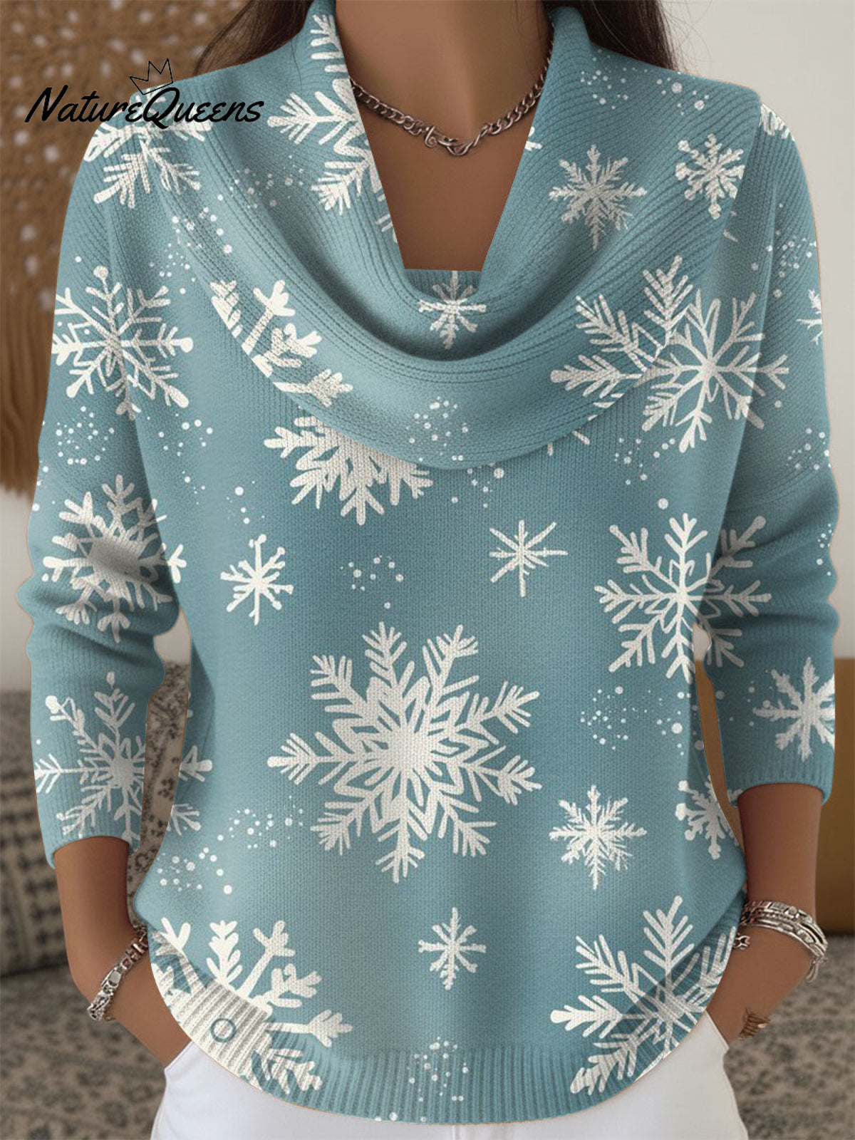 Women's Christmas Snowflake Pattern Print Cowl Neck Sweater