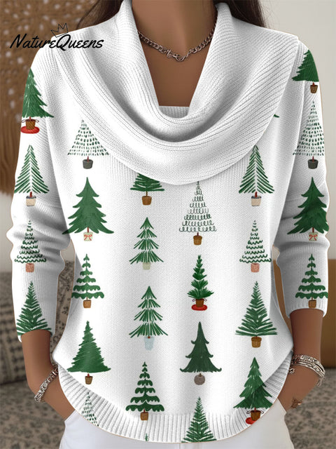 Women's Christmas Trees Pattern Print Cowl Neck Sweater