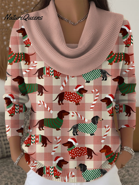 Women's Christmas Dachshund Pattern Print Cowl Neck Sweater