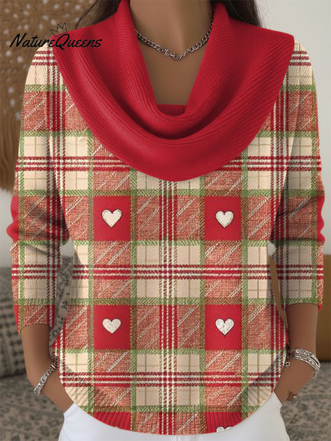 Women's Christmas Lattice Pattern Print Cowl Neck Sweater