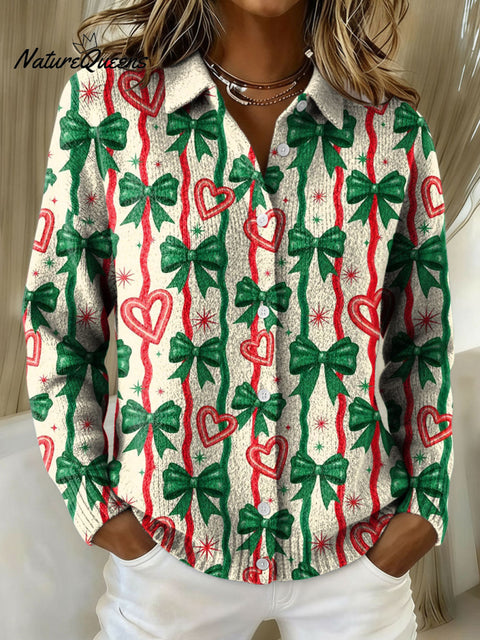 Women's Coquette Christmas Bows Pattern Print Cowl Neck Sweater