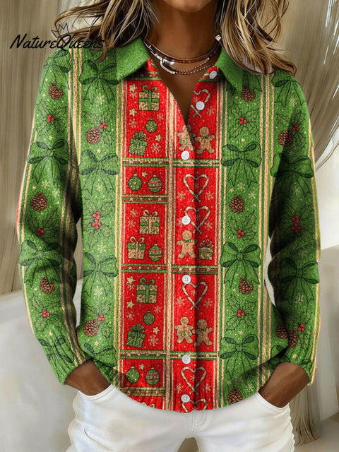 Women's Red Green Christmas Pattern Gingerbread Print Cowl Neck Sweater