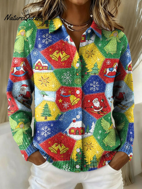 Women's Trendy Colorful Childlike Whimsical Christmas Crayon Pattern Print Cowl Neck Sweater
