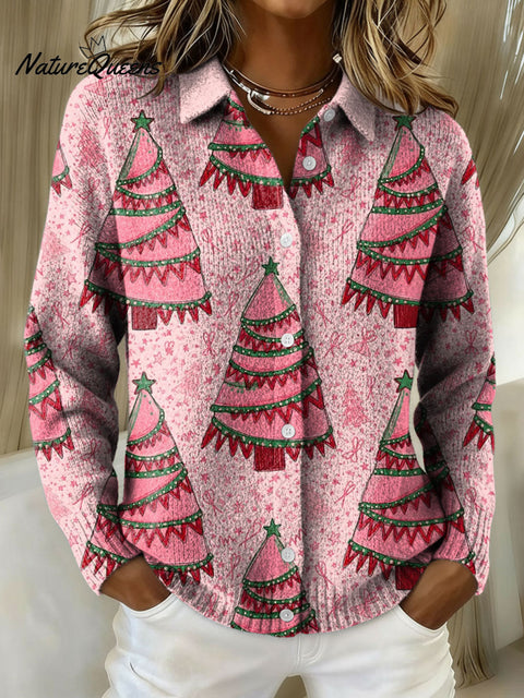 Women's Doodle Pink Girly Christmas Tree Coquette Bows Print Cowl Neck Sweater