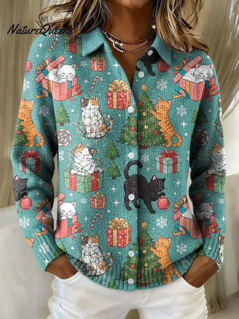 Women's Christmas Cats Cute Holiday Kitty Pattern Print Cowl Neck Sweater