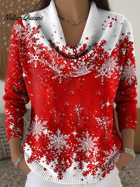 Women's Christmas Snowflake Pattern Art Print Cowl Neck Sweater