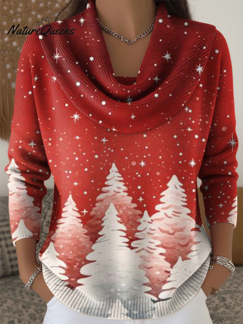 Women's Christmas Tree Snowflakes Pattern Artistic Print Cowl Neck Sweater