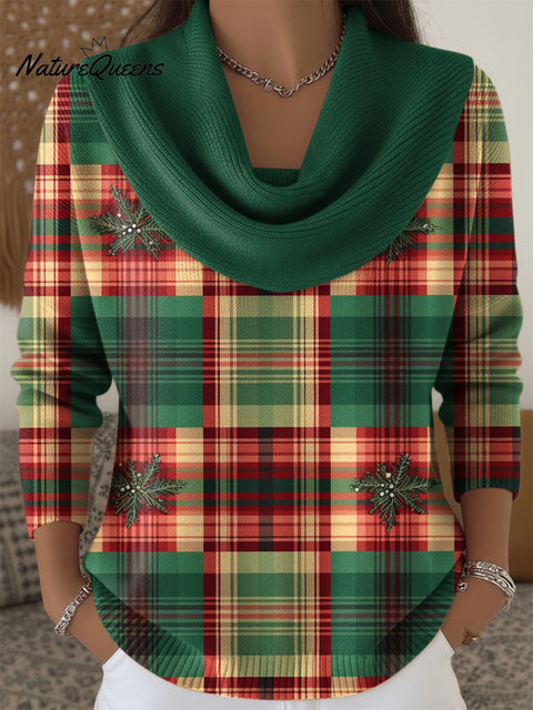 Women's Christmas Plaid Snowflakes Pattern Art Print Cowl Neck Sweater