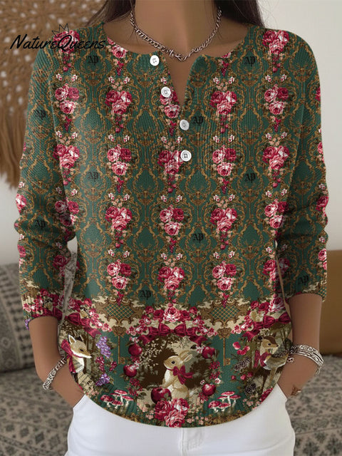 Retro Flowers Bunny Rabbit Pattern Art Print Buttoned Cardigan Sweater