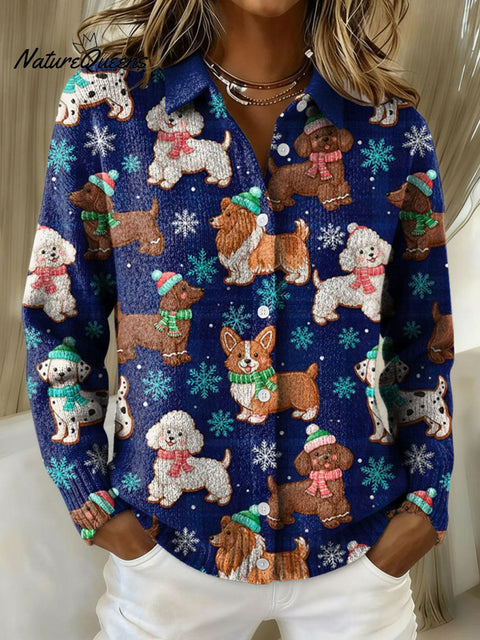 Women's Christmas Dog Corgi Dalmata Poodle Dachshund Cookie Print Cowl Neck Sweater