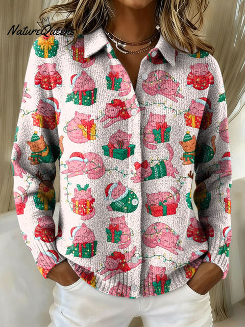 Women's Christmas Cat Cute Holiday Kitten Print Cowl Neck Sweater