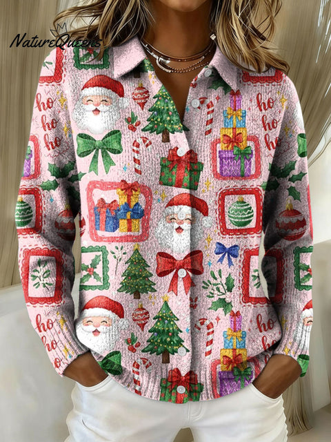 Women's Preppy Pink Girly Ho Ho Ho Pink Christmas Print Cowl Neck Sweater