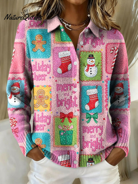 Women's Preppy Frames Patchwork Cute Christmas Print Cowl Neck Sweater